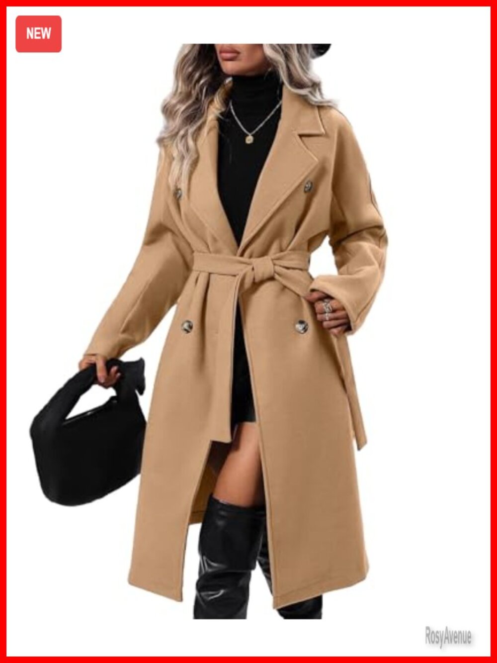 Women's Winter Double Breasted Trench Coat Notch Lapel Long Pea Coat Belt